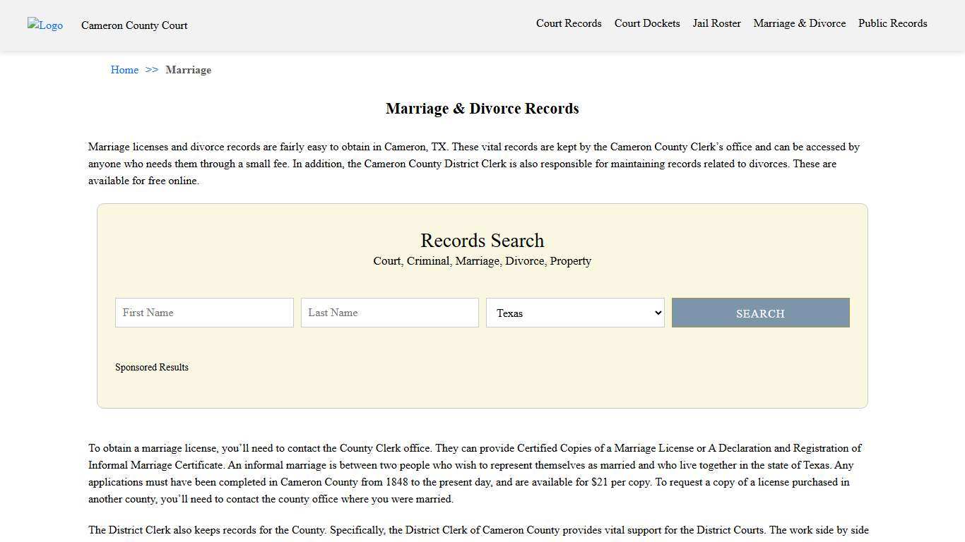 Marriage & Divorce Records Cameron County Court