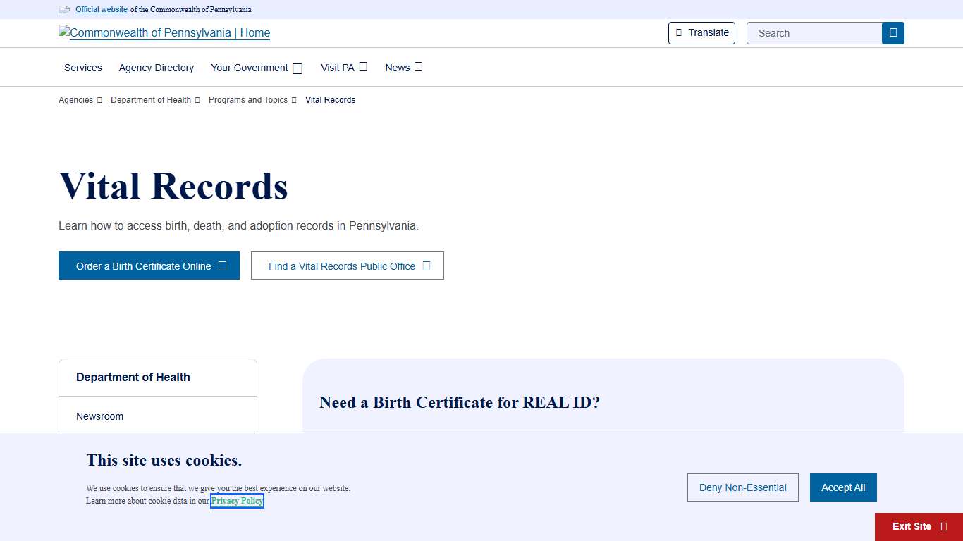 Vital Records Department of Health Commonwealth of Pennsylvania
