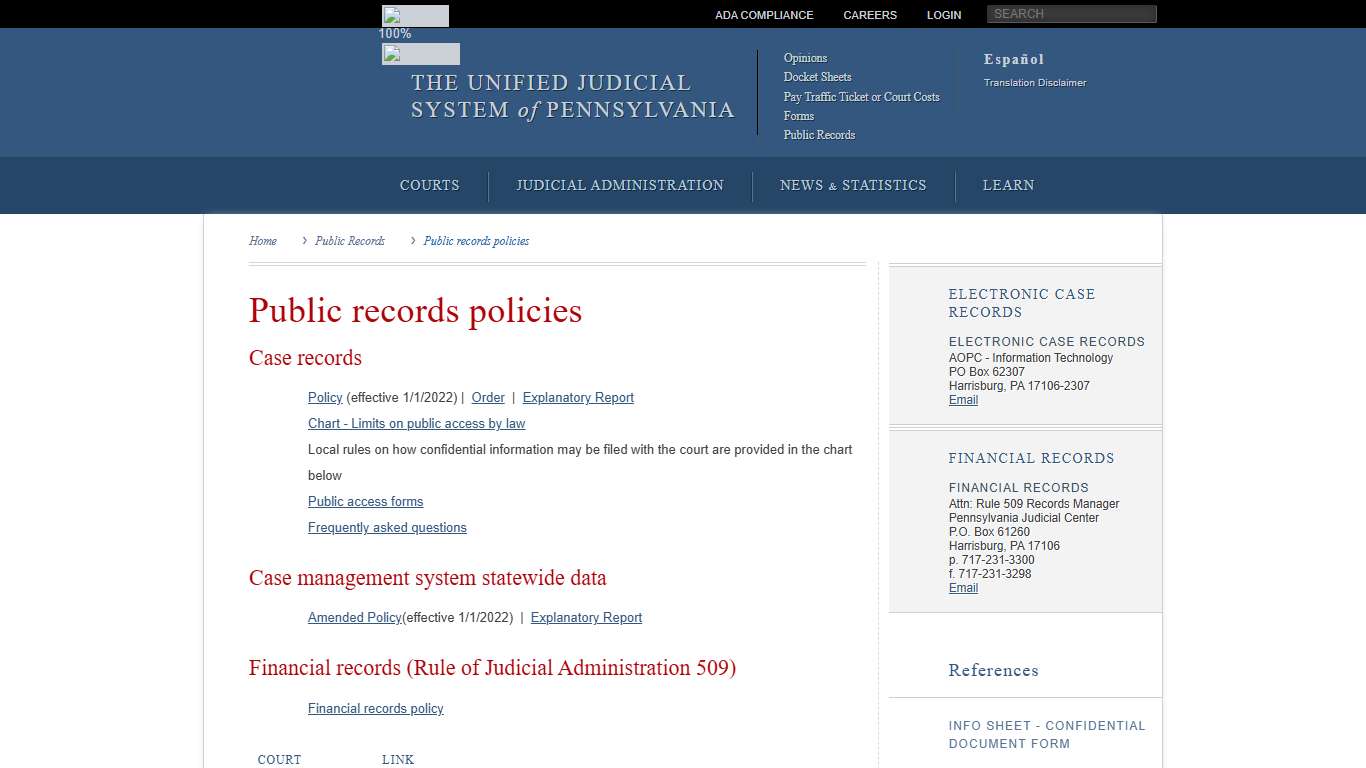 Public records policies Public Records Unified Judicial System of Pennsylvania